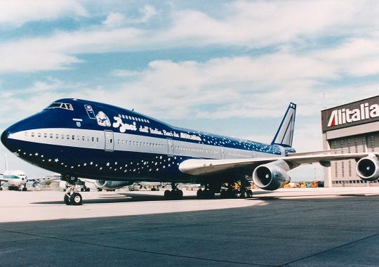 Alitalia aircraft with Baci advertising