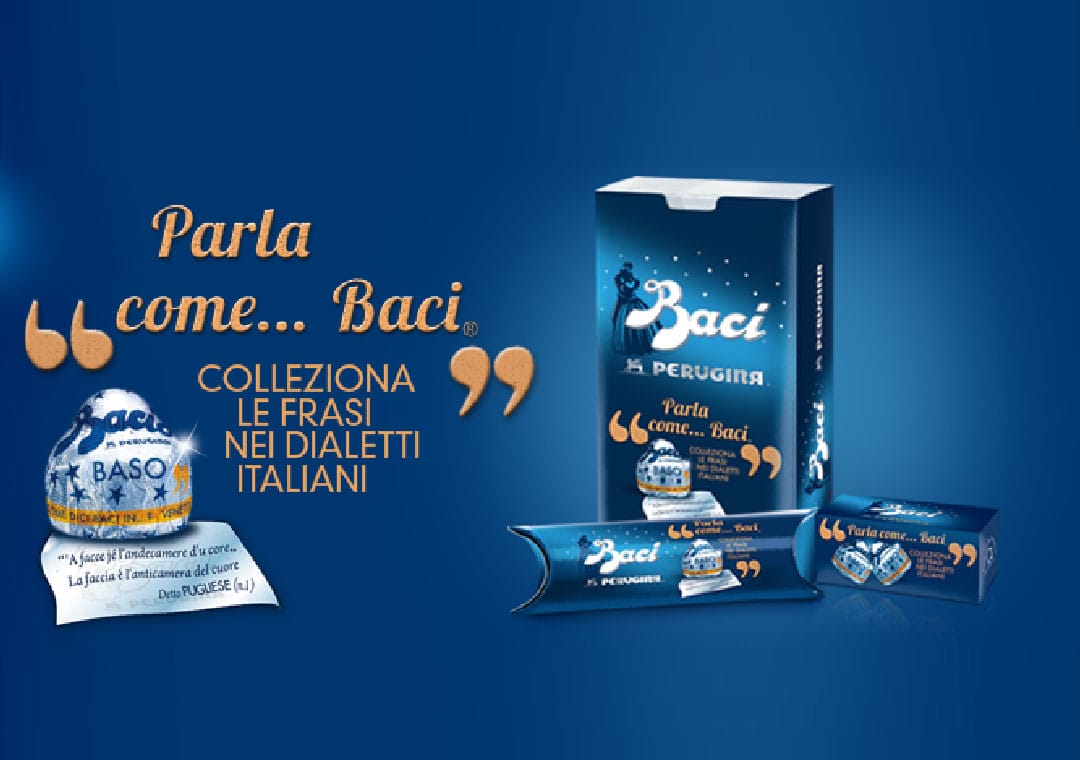 “Parla come baci” cartigli con frasi in dialetto di Baci Perugina