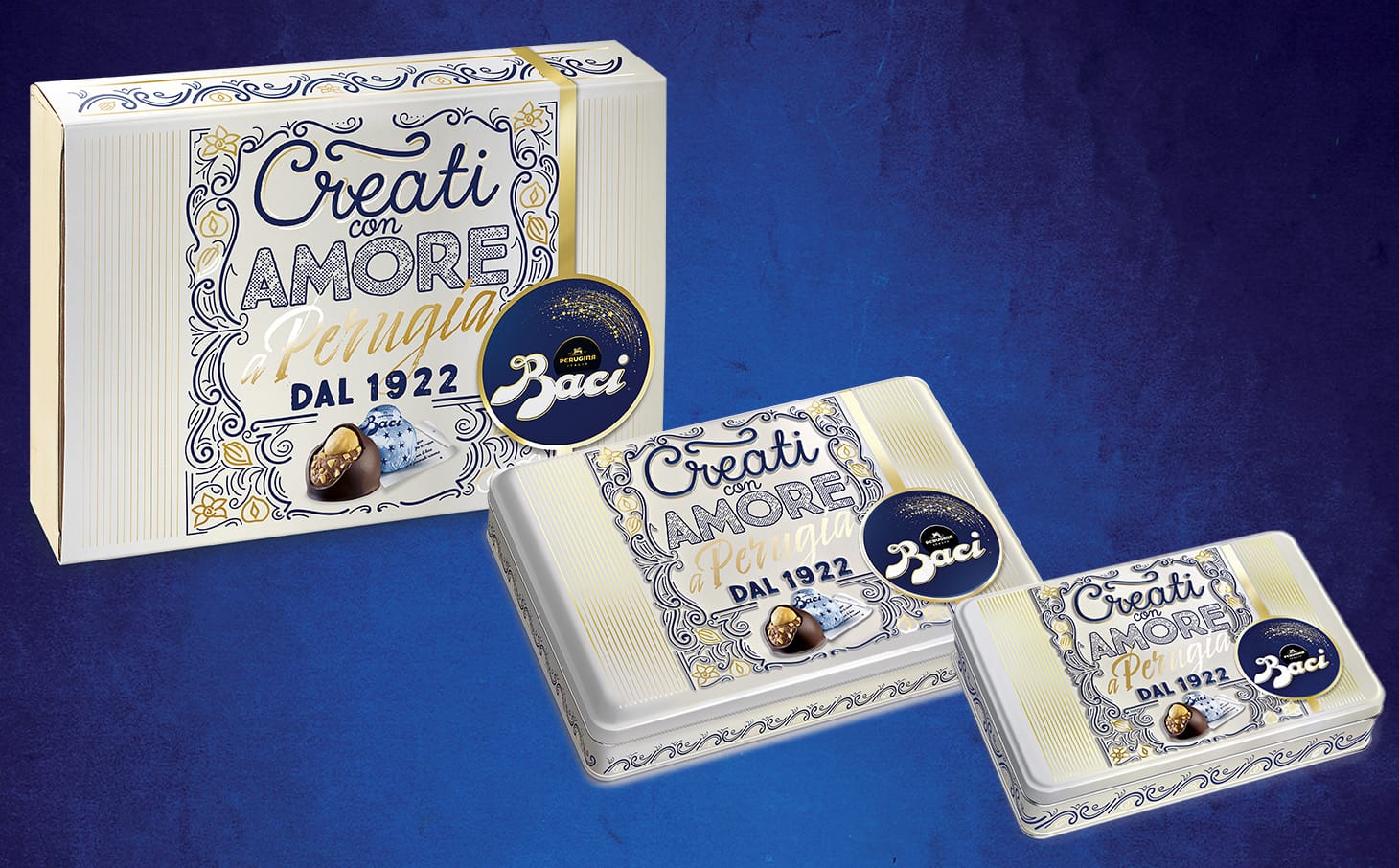 3 confezioni di latta contenente baci perugina creati con amore