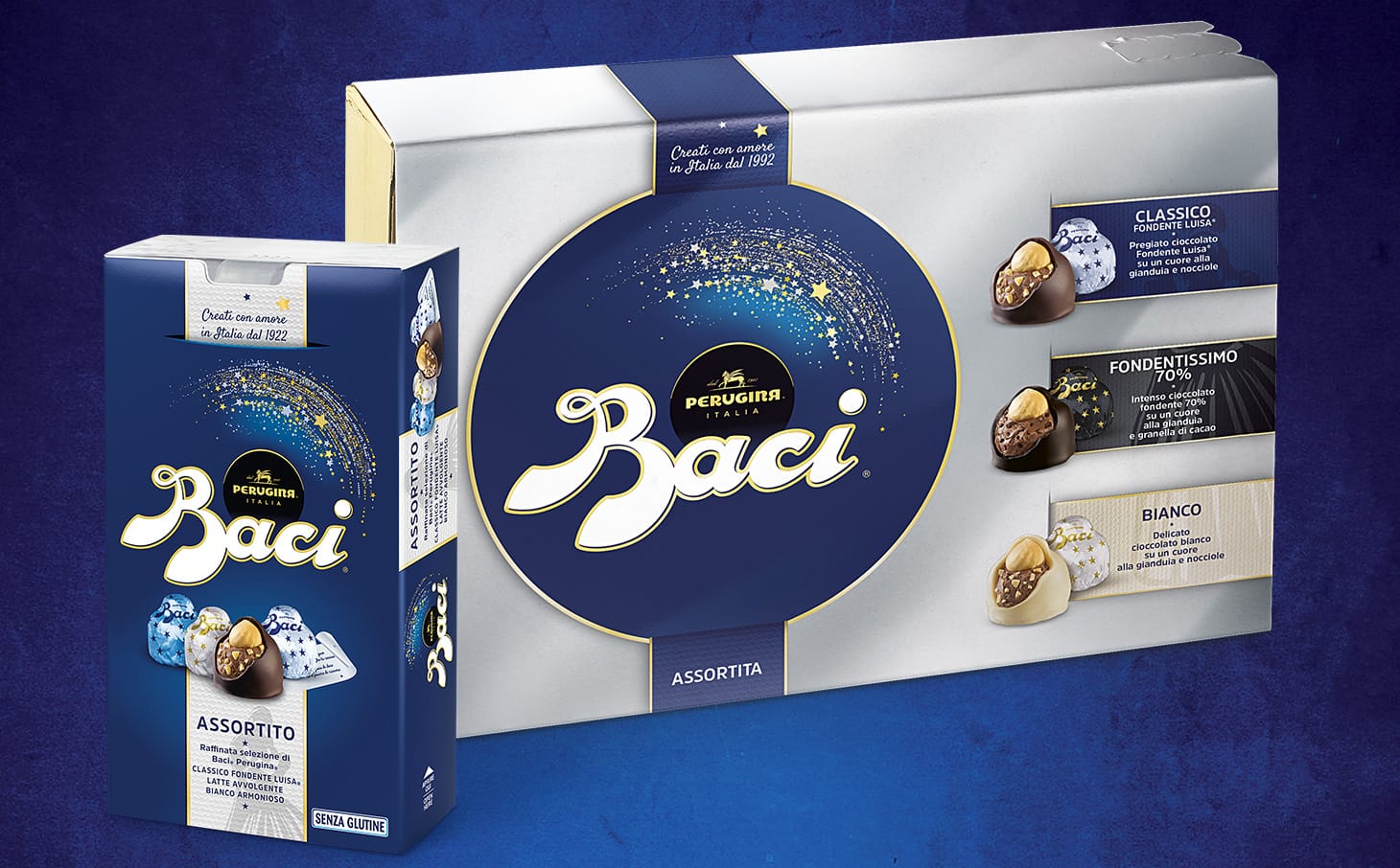 Confezioni assortite di Baci Perugina al latte, fondente e bianco