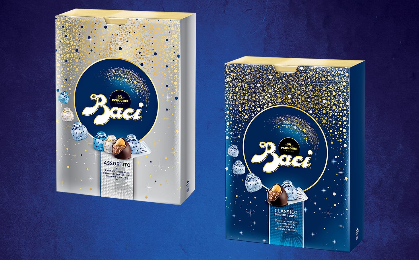 Confezioni della collezione tanti baci Perugina, classico e assortito, in splendide scatole blu e argento