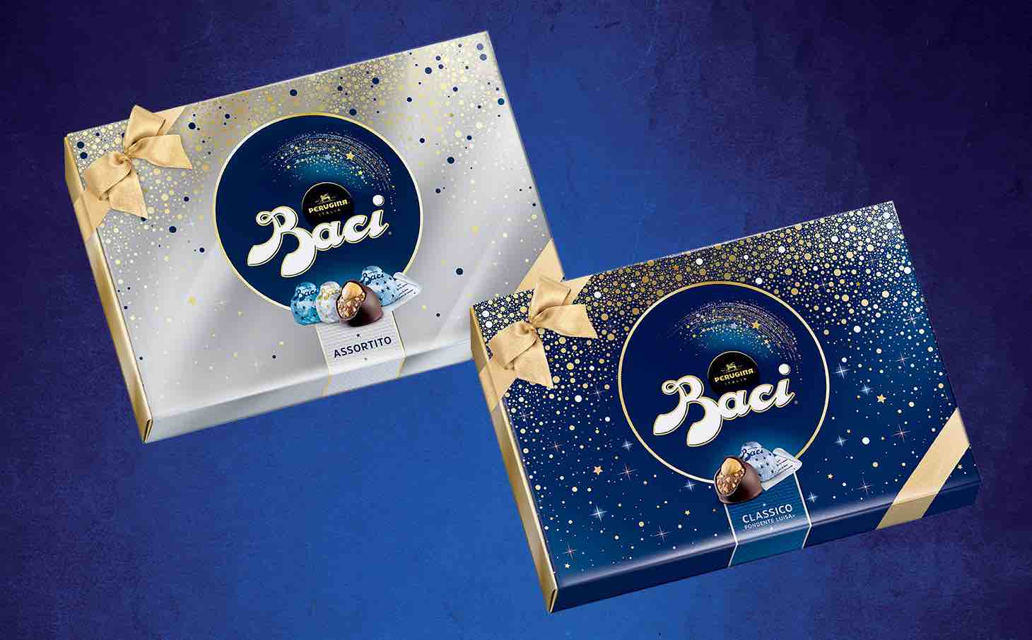 Scatole regalo Baci Perugina, assortito e classico Fondente Luisa in splendide confezioni ornate di fiocchi dorate.