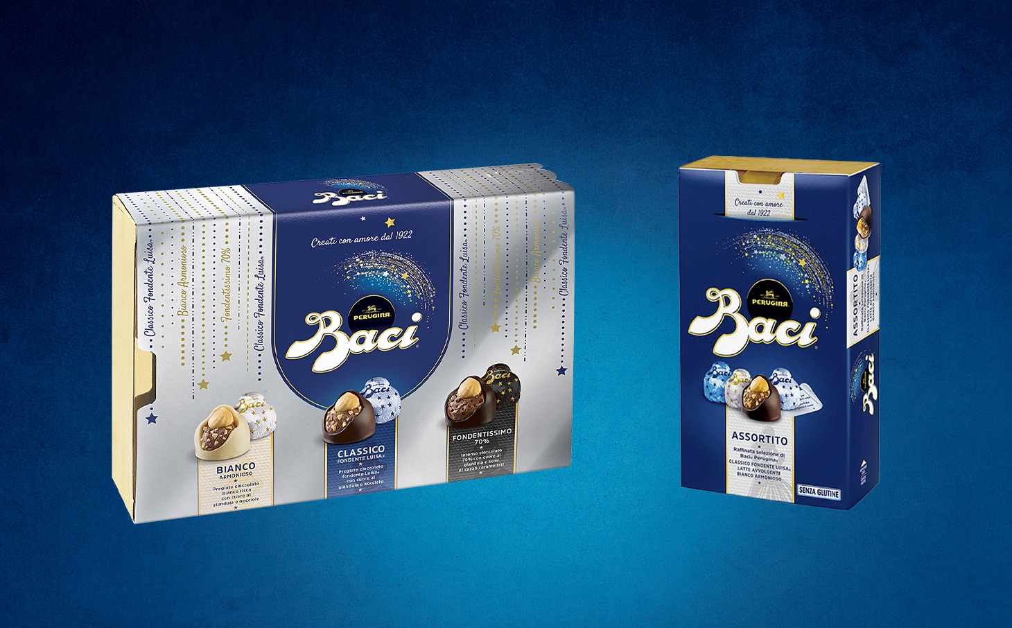 Confezioni assortite di Baci Perugina al latte, fondente e bianco