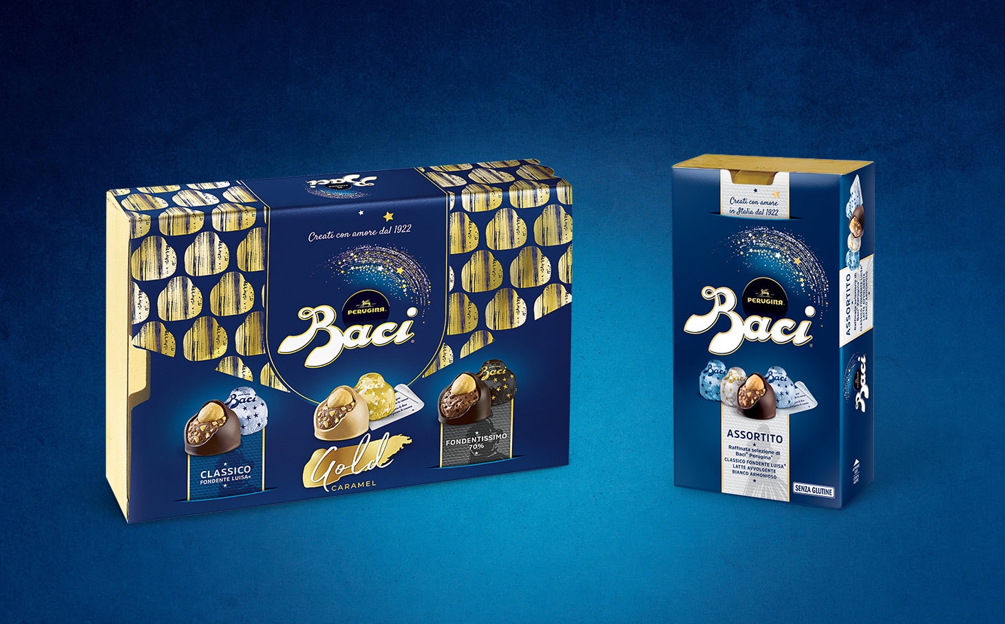Confezioni assortite di Baci Perugina al latte, fondente e bianco