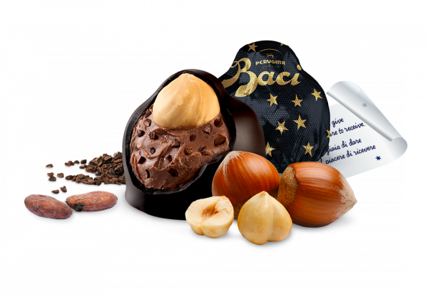 Ingredienti, interno e incarto di un bacio perugina fondente