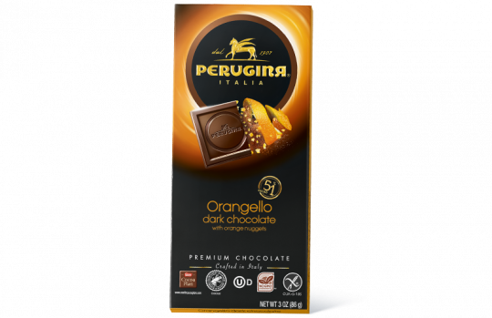A tablet of dark chocolate with orangello flavour by Baci Perugina
